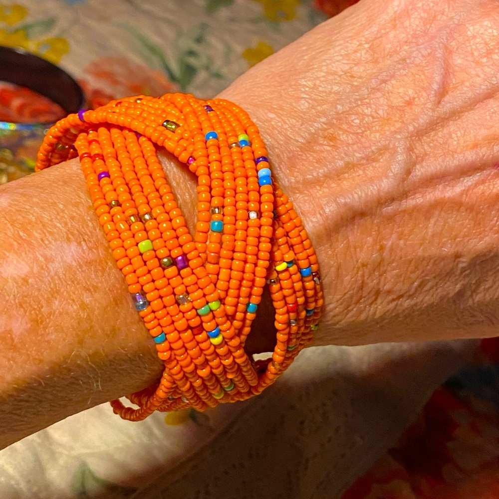 BUNDLE SALE 5/$25! Hippie Boho cuff bracelet orange w/multicolored seed beads